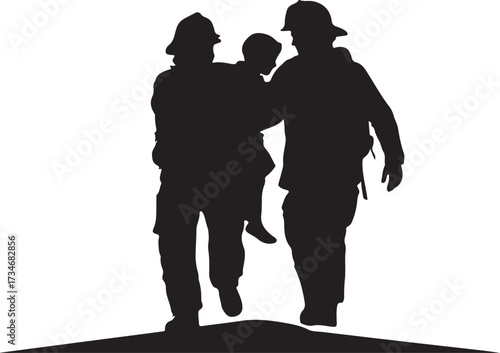 Black silhouette of a firefighter carrying a child walking on dark ground against white background rescue