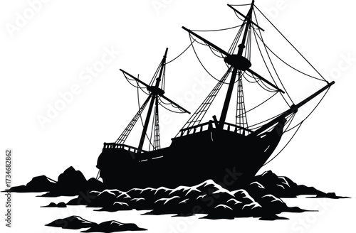 Silhouette of a tall ship stranded on rocks illustration shipwreck maritime nautical adventure flat design vector illustration white background