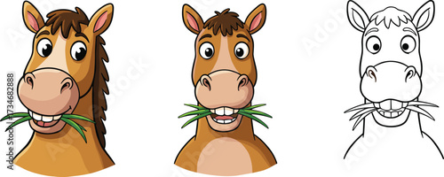 Funny cartoon horse face eating green grass illustration with colored version and outline drawing for kids, farm animal, and educationFunny cartoon horse face eating green grass illustration 