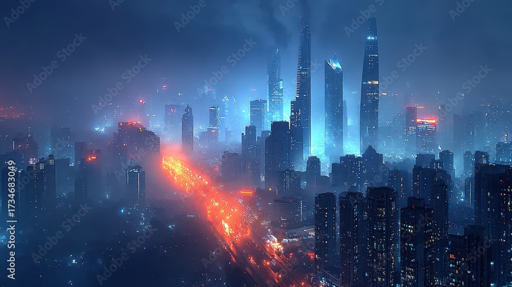 Fototapeta premium Futuristic Cityscape at Night with Glowing Lights and Foggy Atmosphere