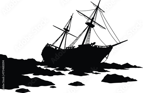 Silhouette of a majestic tall ship shipwrecked on a rocky shore in a dramatic scene flat design vector illustration white background