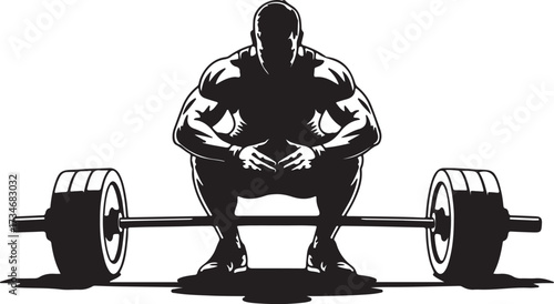 Black silhouette of a muscular man in a squatting position with a barbell weightlifting vector