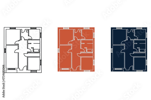 Vector art of three variations of a house floor plan, showcasing the architectural blueprint in different color schemes