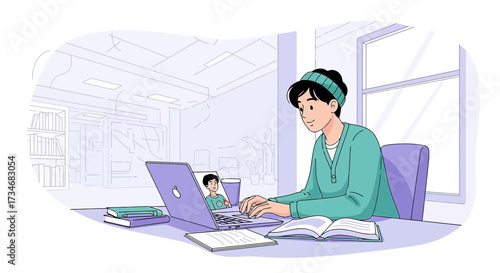 Illustration depicting remote learning and online meeting in a library setting or home environment