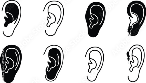 Vector art of set of ear illustrations representing hearing, listening, and the importance of communication in our daily lives