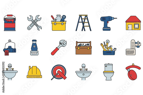 Vector art of collection of home repair and construction icons, featuring tools, equipment, and fixtures for building, plumbing, and maintenance