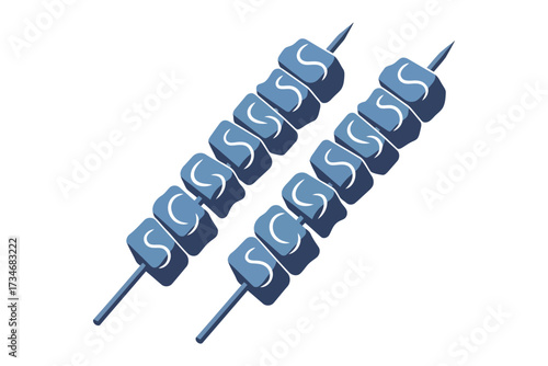 Vector art of two skewers of cubed meat, , showcasing a simple yet appetizing presentation of grilled food, perfect for culinary illustrations and barbecue themes