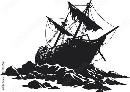 Silhouette of a beached shipwreck amidst jagged rocks detailed nautical art flat design vector illustration white background