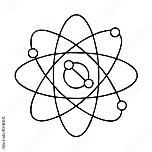 Vector art of abstract representation of an atomic structure with orbiting particles, symbolizing scientific concepts and research