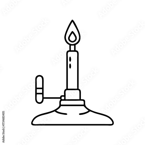 Vector art of a line drawing of a bunsen burner with a flame, isolated on a, representing laboratory equipment and scientific experiments