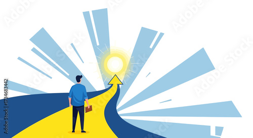 Illustration of a man on a road leading to success and bright future ahead concept