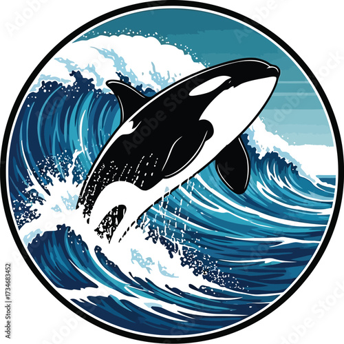 Orca leaping, powerful ocean waves, marine life