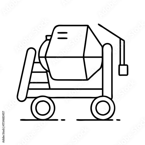 Vector art of line art icon of a portable cement mixer on wheels, , symbolizing construction, building, and renovation