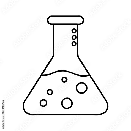 Vector art of simple line art illustration of a laboratory flask containing liquid with bubbles