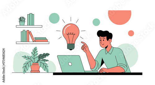 Illustration of a man with a laptop having an idea or finding a creative solution for a problem at