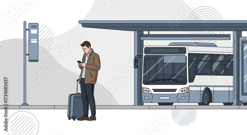 Illustration of a man waiting at a bus stop with luggage checking his phone for transportation