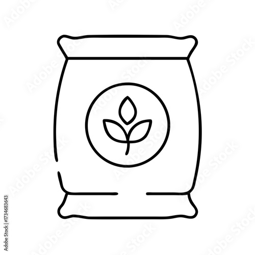 Vector art of a simple black and white line drawing icon of a bag of fertilizer or seed with a leaf sprout symbol inside a circle, isolated on a
