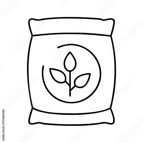 Vector art of a simple line art icon representing a bag of fertilizer with a plant sprout symbol on it, isolated on a