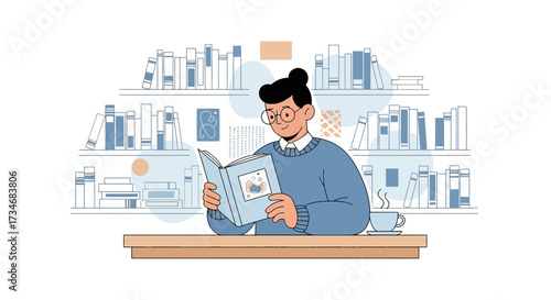 Illustration of a person reading a book in front of a bookshelf enhancing knowledge