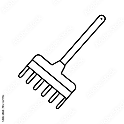 Vector art of a simple black and white line drawing of a garden rake, isolated on a this tool is used for gathering leaves or smoothing soil