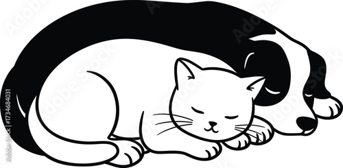 Adorable sleeping dog and cat cuddle together in peaceful friendship and harmony scene flat design vector illustration white background