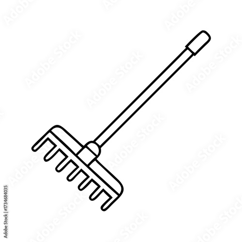 Vector art of a simple black and white line drawing of a garden rake, isolated on a this tool is used for gathering leaves or smoothing soil
