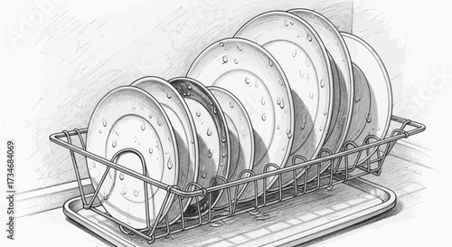 Stacked plates with water droplets in a dish rack, sketch style