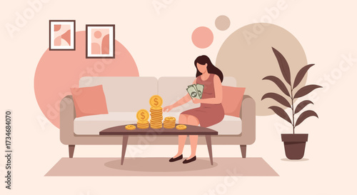 Illustration of a woman managing money, sitting with stacks of coins and banknotes showing