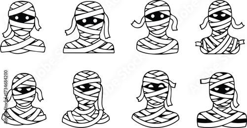 Vector art of set of mummy head vector illustration perfect for halloween decorations, spooky designs, and creating a creepy atmosphere