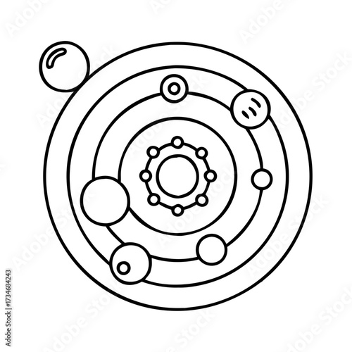 Vector art of minimalist line drawing of a planetary system with a central star and orbiting bodies