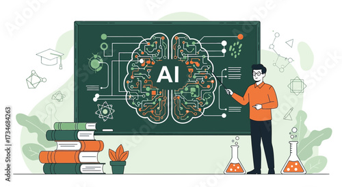 Illustration of AI Artificial Intelligence Brain on Blackboard with Teacher Explaining concept