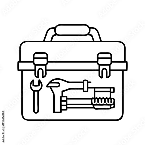 Vector art of open toolbox filled with various plumbing tools like wrenches and pipe wrenches