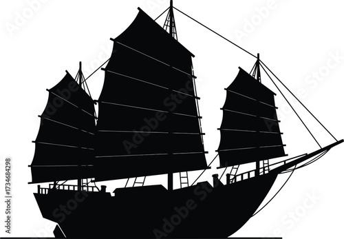 Silhouette of a majestic ancient sailing ship with multiple sails on open waters flat design vector illustration white background