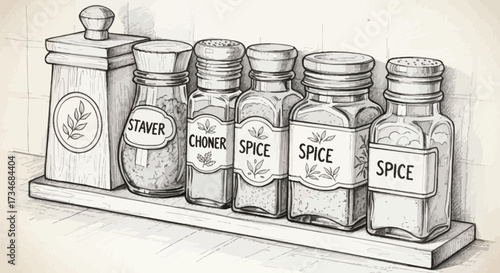 Spice containers, jars, and wooden box in a sketch style