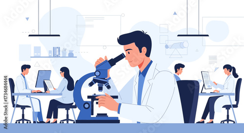 Illustration of scientists working in a laboratory, conducting research and analysis using