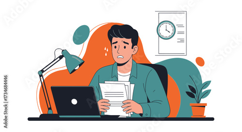 Illustration of stressed man working at desk feeling overwhelmed by deadlines at work