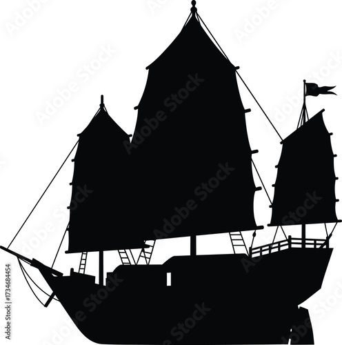 Majestic chinese junk boat silhouette nautical maritime vessel ancient sailing ship design flat design vector illustration white background