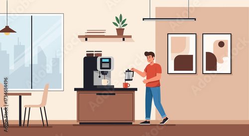 Illustration showcasing a man pouring coffee in a modern minimal and cozy environment