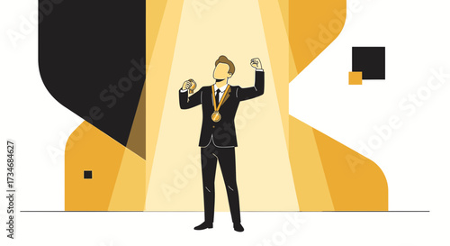 Illustrative depiction of a successful businessman celebrating his achievement with gold medal