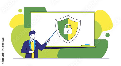 Illustrative presentation of data protection concept with shield and presenter