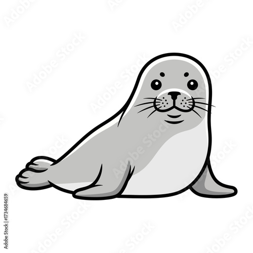 A cute gray cartoon seal pup with black outlines lying down on an isolated white background.