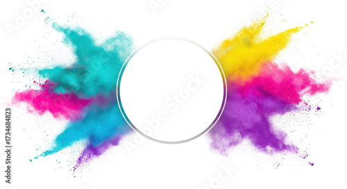 Colorful powder explosion with circle frame isolated on transparent background