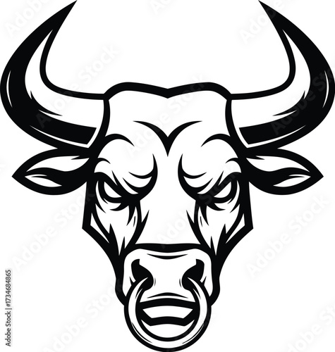 Ngry bull head with ring, aggressive animal, strong mascot