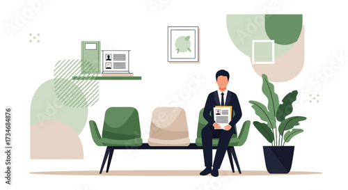 Man awaiting job interview illustration depicting anticipation and professional readiness