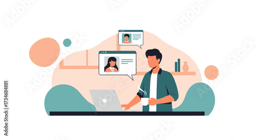 Man engaging in a virtual meeting while working remotely with a cup of coffee in hand