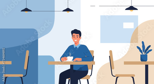 Man enjoying coffee in a minimalist cafe setting with modern design elements present