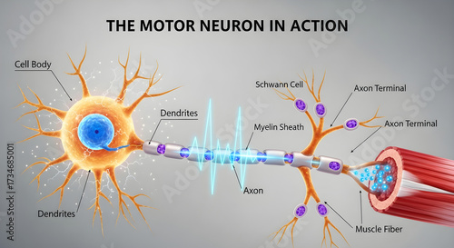 Labeled diagram of a motor neuron and neuromuscular junction.