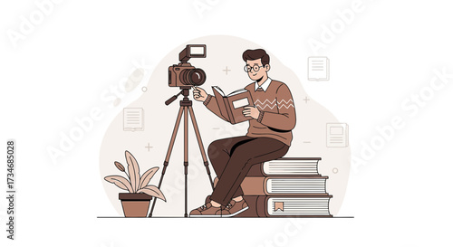 Man reading book while filming himself for a tutorial or online education video