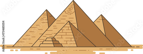 Iconic egyptian pyramids scene ancient wonders monumental architecture historical landmarks travel destination flat design vector illustration white background