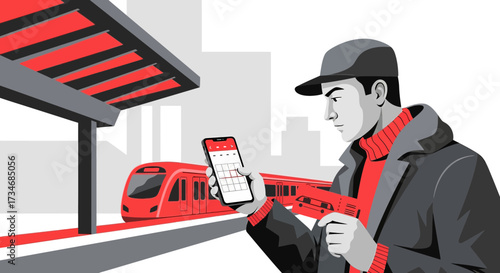 Man schedules train travel using app, commuting with modern technology, using transport apps for